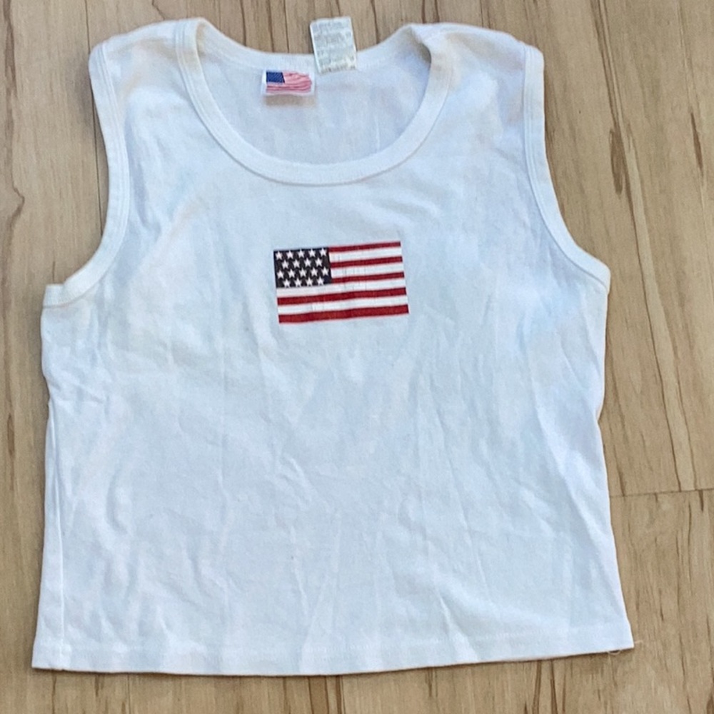 Vintage American Flag Made In USA White Tank Tee Shirt Large Festival